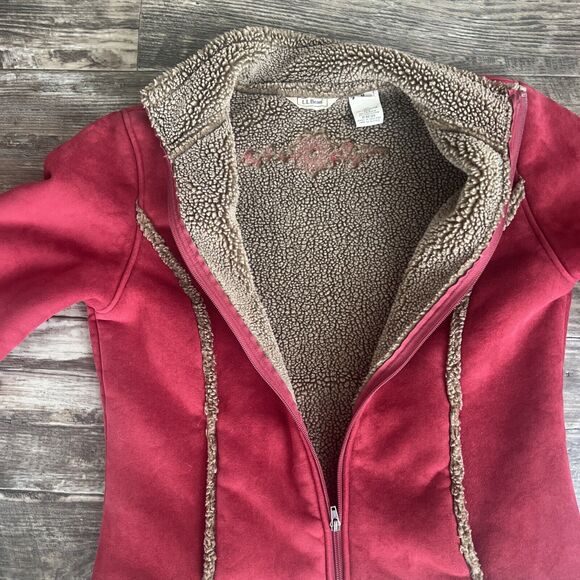 LL Bean Suede Jacket Sherpa Lined Floral Design Womens Size Medium‎ Red Coat - Picture 6 of 9